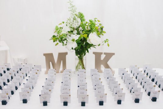 white escort card table with green and white flowers and gold letters