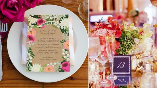 two photo split of white plate with brown menu with pink and green floral decoration and mirrored table with pink flowers