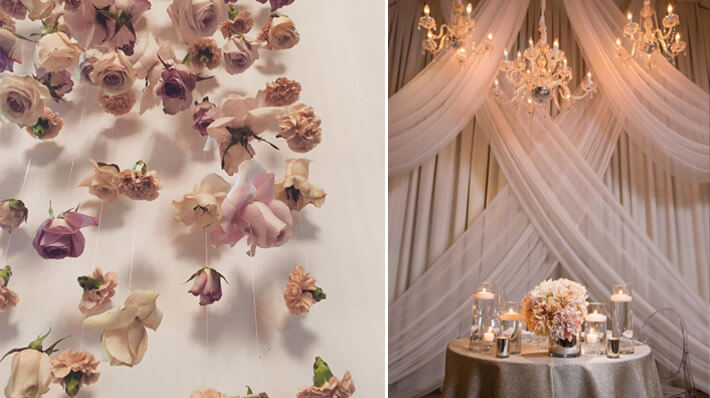 sweeping drapery floral decor