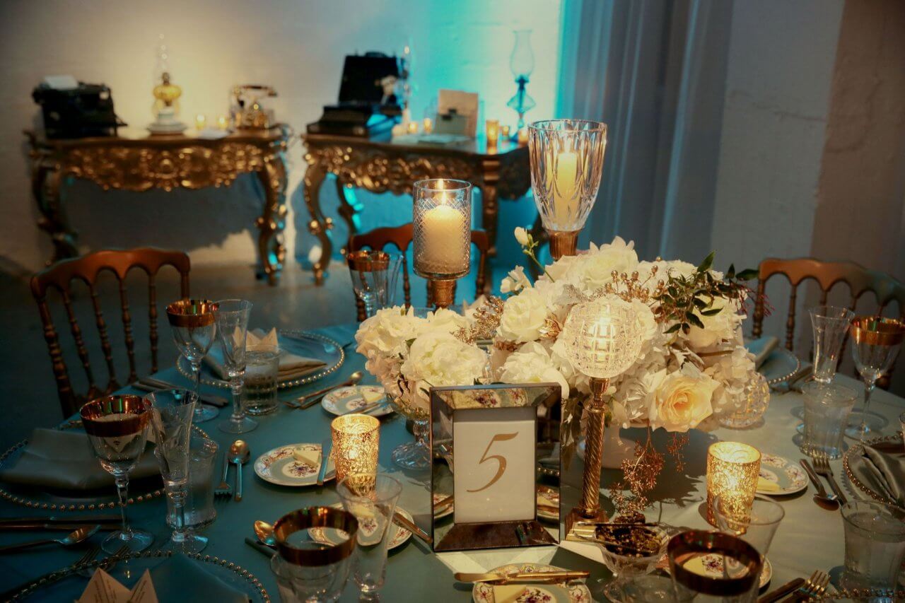 blue and gold vintage wedding centerpieces