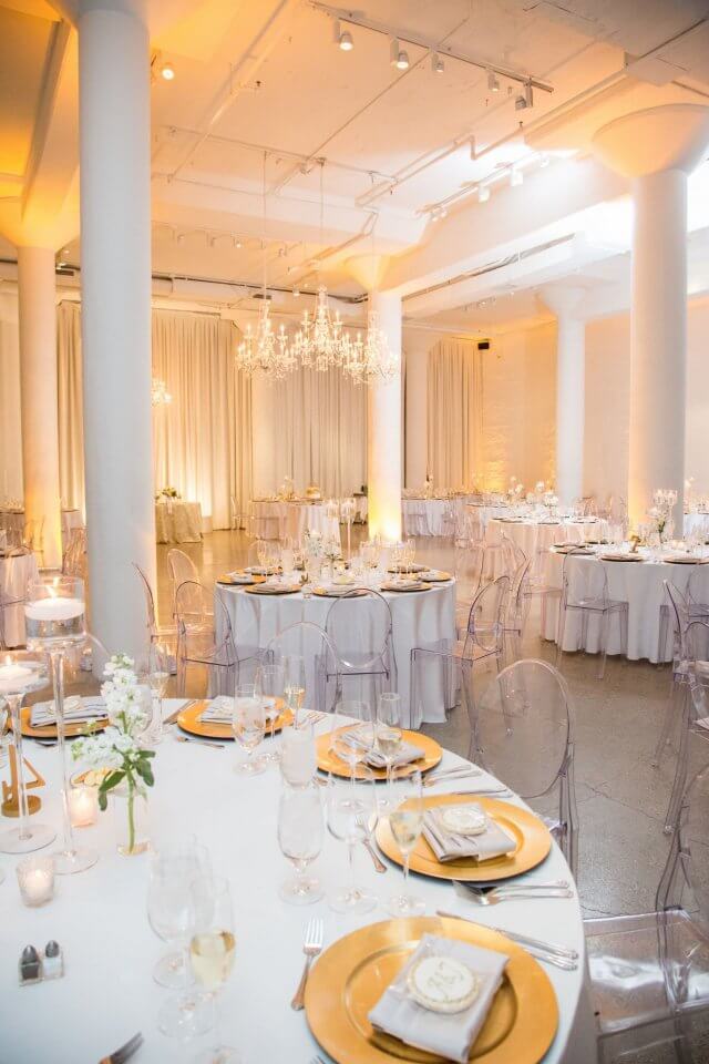 white and gold wedding reception at chez wedding venue