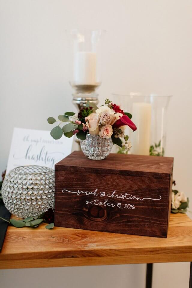 wooden card box with burgundy and silver details