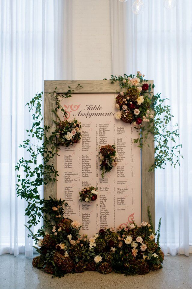 wedding table assignment board with flowers