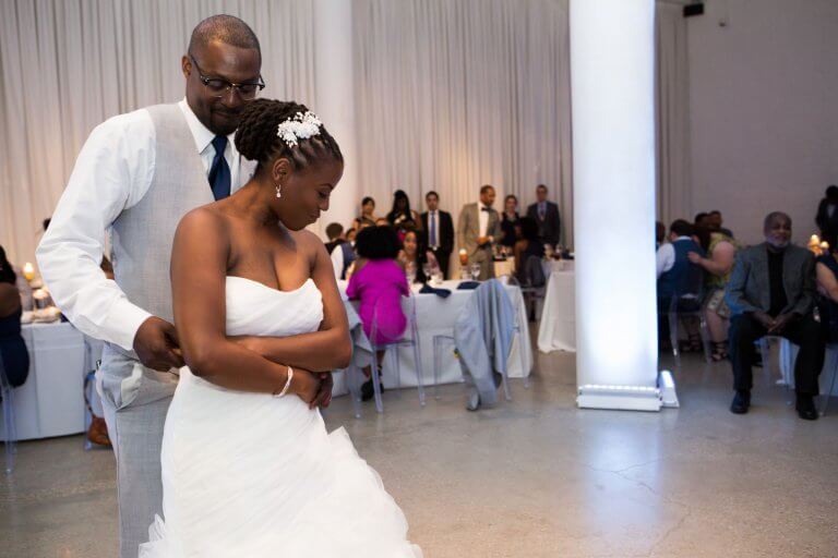 bride and groom first dance at chez wedding venue