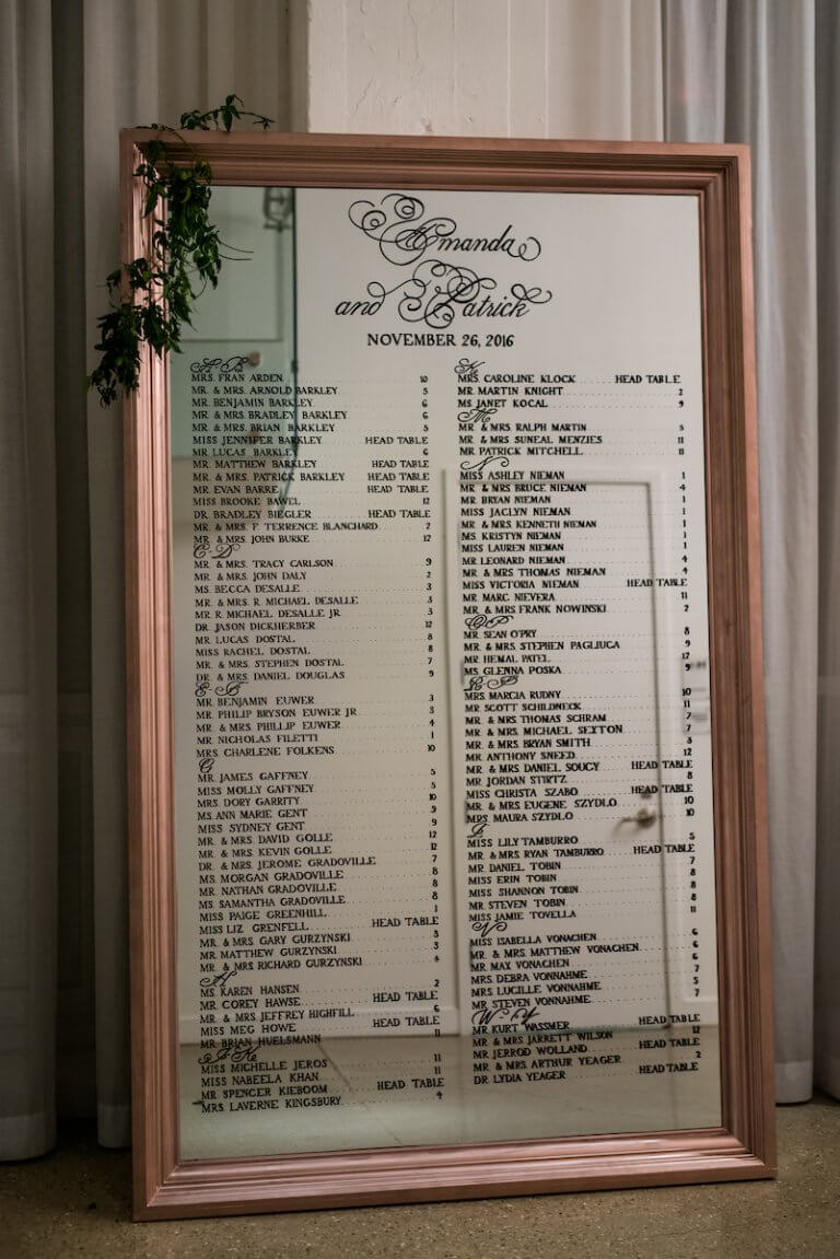 gold mirrored large wedding seating chart